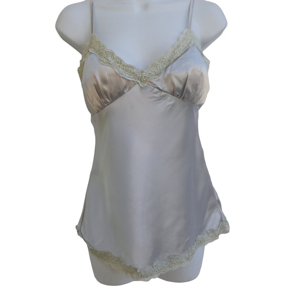 Vintage 90s Y2K Fairy Goth XXi Babydoll Silvery Silky Satin Cami Top Lace Trim S